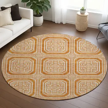 8' Terra Cotta And Ivory Round Geometric Washable Indoor Outdoor Area Rug