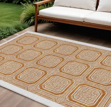 8' X 10' Terra Cotta And Ivory Geometric Washable Indoor Outdoor Area Rug