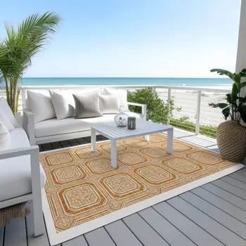 8' X 10' Terra Cotta And Ivory Geometric Washable Indoor Outdoor Area Rug