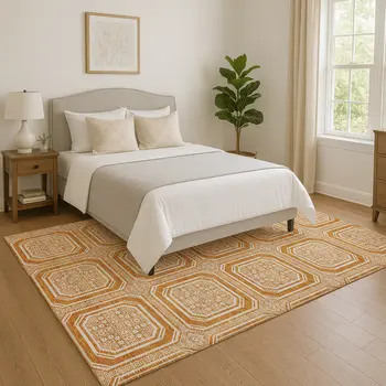 9' X 12' Terra Cotta And Ivory Geometric Washable Indoor Outdoor Area Rug
