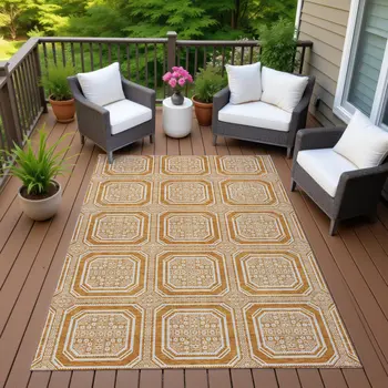 9' X 12' Terra Cotta And Ivory Geometric Washable Indoor Outdoor Area Rug