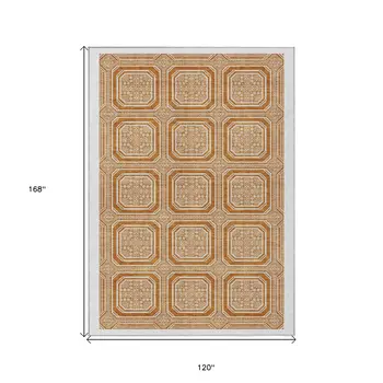 10' X 14' Terra Cotta And Ivory Geometric Washable Indoor Outdoor Area Rug