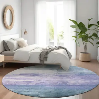 8' Denim Blue And Sky Blue Round Striped Washable Indoor Outdoor Area Rug