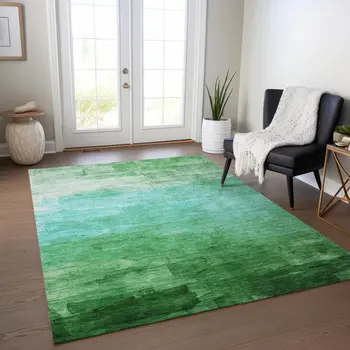 9' X 12' Green And Teal Blue Striped Washable Indoor Outdoor Area Rug