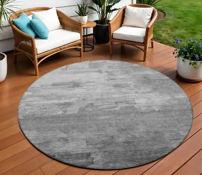 8' Gray And Silver Round Striped Washable Indoor Outdoor Area Rug