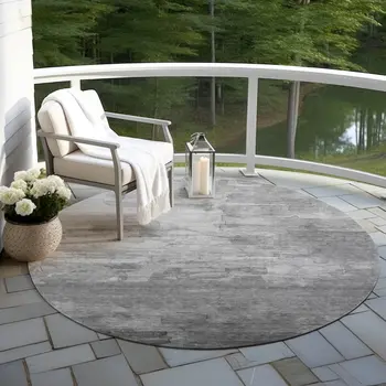 8' Gray And Silver Round Striped Washable Indoor Outdoor Area Rug