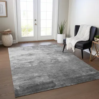 8' X 10' Gray And Silver Striped Washable Indoor Outdoor Area Rug
