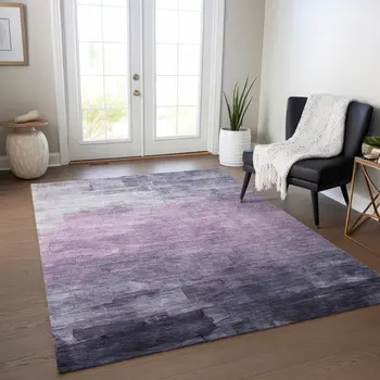 3' X 5' Lavender And Lilac Striped Washable Indoor Outdoor Area Rug