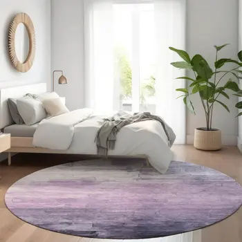 8' Lavender And Lilac Round Striped Washable Indoor Outdoor Area Rug