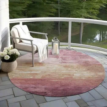 8' Mauve And Pink Round Striped Washable Indoor Outdoor Area Rug