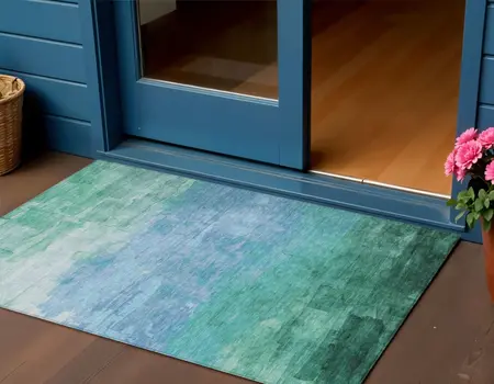 3' X 5' Teal Blue And Aqua Striped Washable Indoor Outdoor Area Rug