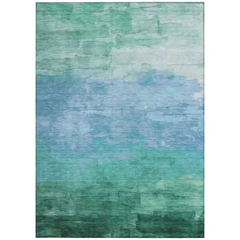 5' X 8' Teal Blue And Aqua Striped Washable Indoor Outdoor Area Rug