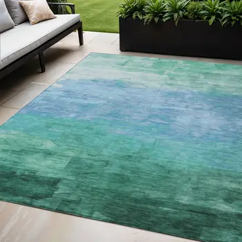5' X 8' Teal Blue And Aqua Striped Washable Indoor Outdoor Area Rug