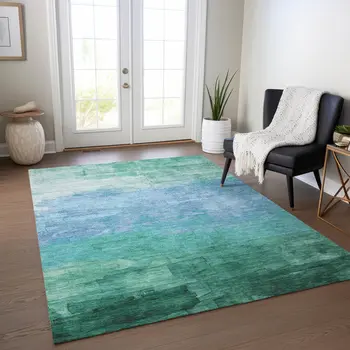5' X 8' Teal Blue And Aqua Striped Washable Indoor Outdoor Area Rug