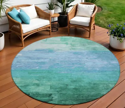 8' Teal Blue And Aqua Round Striped Washable Indoor Outdoor Area Rug