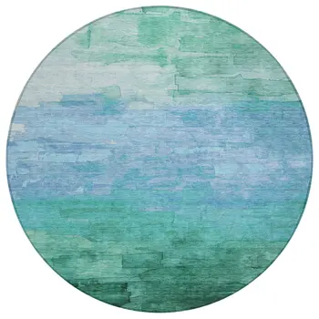 8' Teal Blue And Aqua Round Striped Washable Indoor Outdoor Area Rug