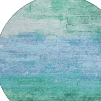 8' Teal Blue And Aqua Round Striped Washable Indoor Outdoor Area Rug