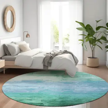 8' Teal Blue And Aqua Round Striped Washable Indoor Outdoor Area Rug