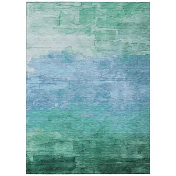 8' X 10' Teal Blue And Aqua Striped Washable Indoor Outdoor Area Rug