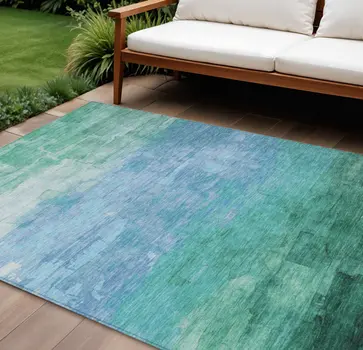 10' X 14' Teal Blue And Aqua Striped Washable Indoor Outdoor Area Rug