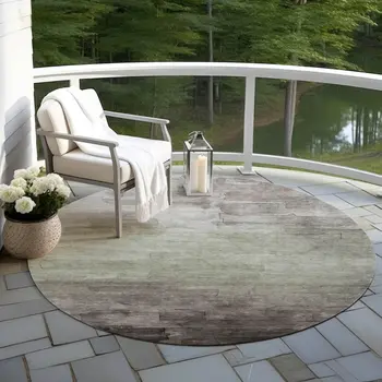 8' Taupe And Brown Round Striped Washable Indoor Outdoor Area Rug