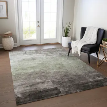 9' X 12' Taupe And Brown Striped Washable Indoor Outdoor Area Rug