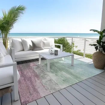5' X 8' Artichoke Green And Mint Green Abstract Washable Indoor Outdoor Area Rug