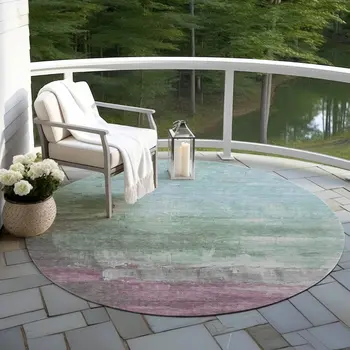 8' Artichoke Green And Mint Green Round Abstract Washable Indoor Outdoor Area Rug
