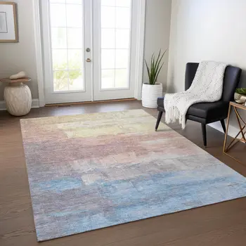 5' X 8' Beige And Salmon Abstract Washable Indoor Outdoor Area Rug