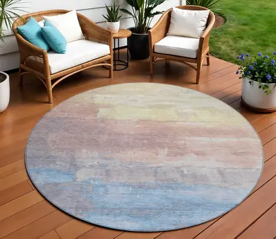 8' Beige And Salmon Round Abstract Washable Indoor Outdoor Area Rug