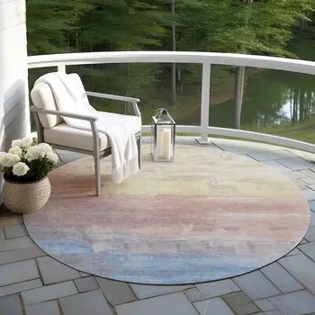 8' Beige And Salmon Round Abstract Washable Indoor Outdoor Area Rug