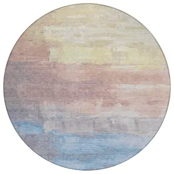 8' Beige And Salmon Round Abstract Washable Indoor Outdoor Area Rug
