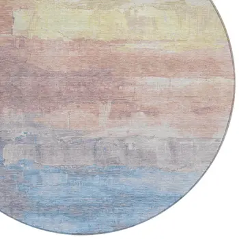 8' Beige And Salmon Round Abstract Washable Indoor Outdoor Area Rug