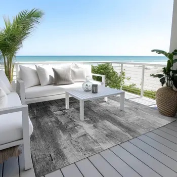 5' X 8' Gray And Silver Abstract Washable Indoor Outdoor Area Rug