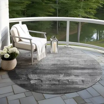 8' Gray And Silver Round Abstract Washable Indoor Outdoor Area Rug
