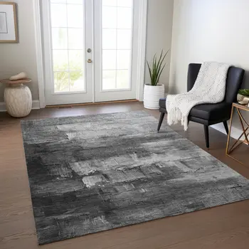 9' X 12' Gray And Silver Abstract Washable Indoor Outdoor Area Rug