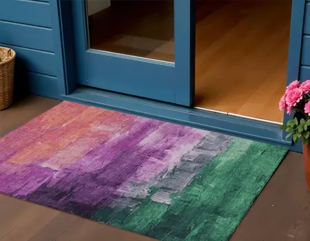 3' X 5' Purple Salmon And Green Abstract Washable Indoor Outdoor Area Rug