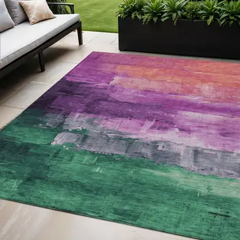 5' X 8' Purple Salmon And Green Abstract Washable Indoor Outdoor Area Rug