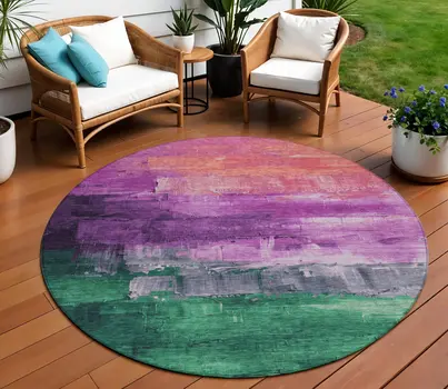 8' Purple Salmon And Green Round Abstract Washable Indoor Outdoor Area Rug