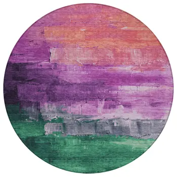 8' Purple Salmon And Green Round Abstract Washable Indoor Outdoor Area Rug