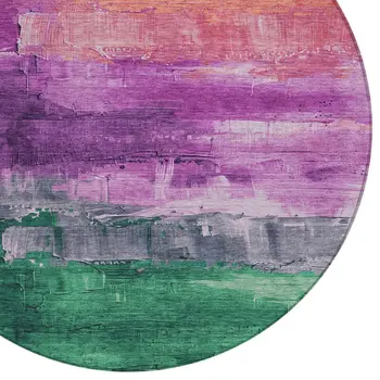 8' Purple Salmon And Green Round Abstract Washable Indoor Outdoor Area Rug
