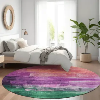 8' Purple Salmon And Green Round Abstract Washable Indoor Outdoor Area Rug