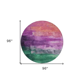 8' Purple Salmon And Green Round Abstract Washable Indoor Outdoor Area Rug