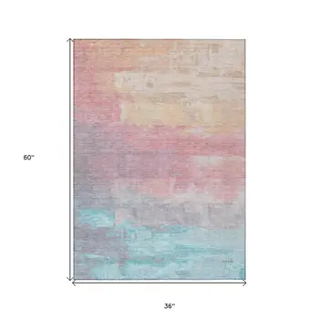 3' X 5' Salmon And Beige Abstract Washable Indoor Outdoor Area Rug