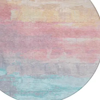 8' Salmon And Beige Round Abstract Washable Indoor Outdoor Area Rug