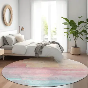 8' Salmon And Beige Round Abstract Washable Indoor Outdoor Area Rug