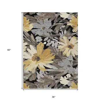 3' X 5' Black And Gray Floral Washable Indoor Outdoor Area Rug