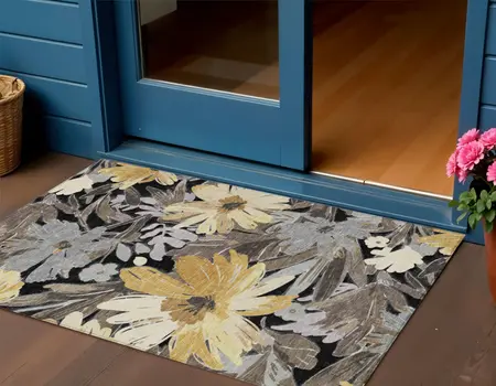 3' X 5' Black And Gray Floral Washable Indoor Outdoor Area Rug