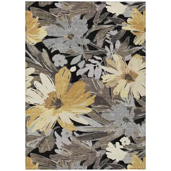 3' X 5' Black And Gray Floral Washable Indoor Outdoor Area Rug
