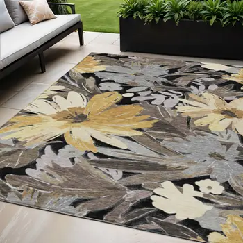 5' X 8' Black And Gray Floral Washable Indoor Outdoor Area Rug